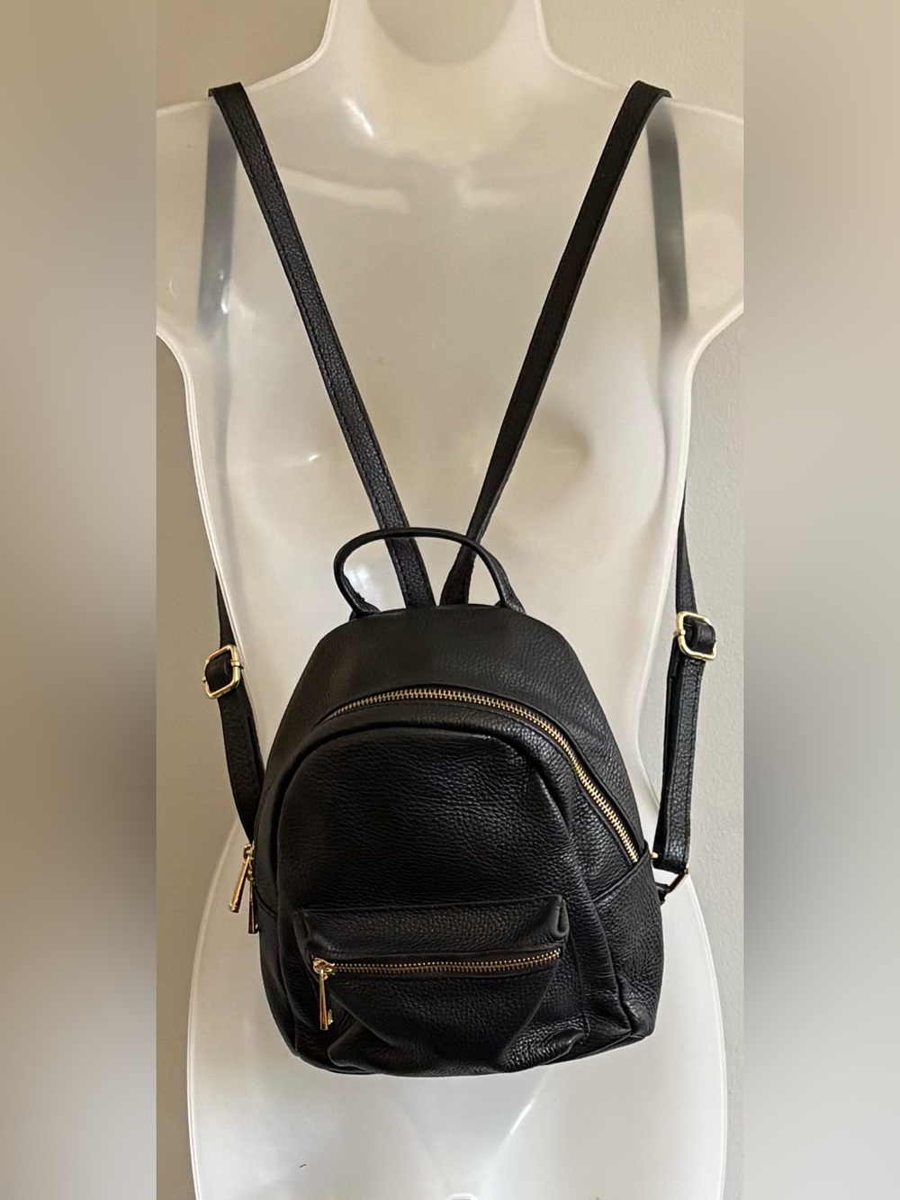 Black Pebble Leather Mini Backpack Made in Italy Gold Tone Hardware
